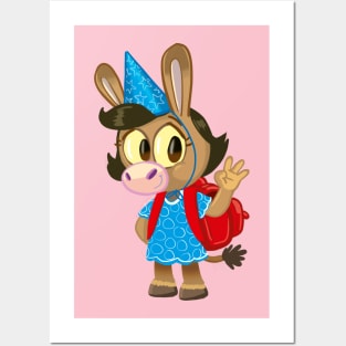 cute little donkey with a birthday pointed hat and a school bag Posters and Art